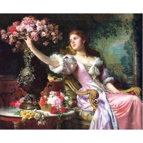 Dame im rosa Kleid mit Blumen