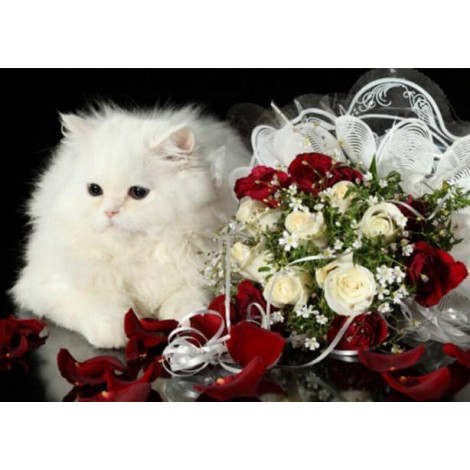 Flauschige weiße Katze und Blumen
