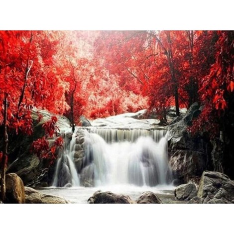 Rote Bäume und Wasserfall Diamond Painting