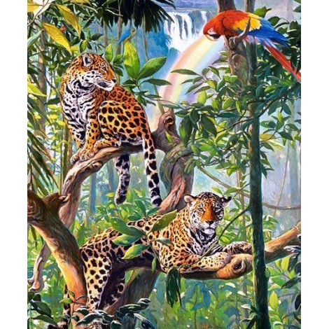 Papagei & Leoparden auf Bäumen - DIY Diamond Painting