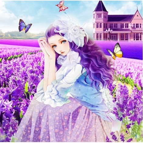 Mädchen sitzt in Lavendel Blumen