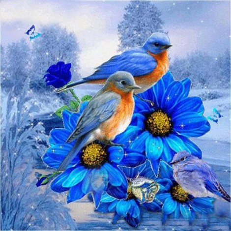 Blaue Blumen & Vögel im Schnee